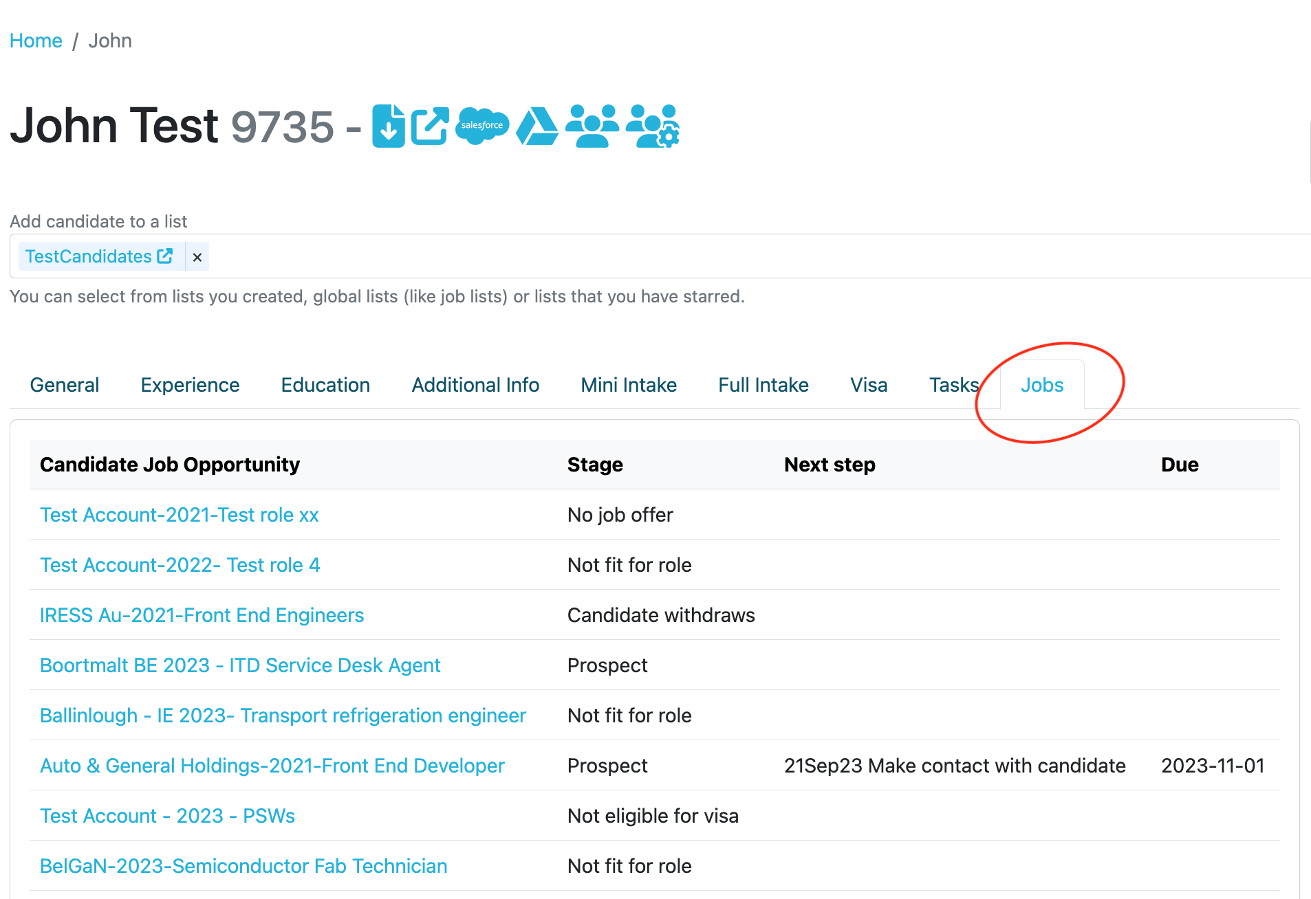 Candidate Opportunities Tab