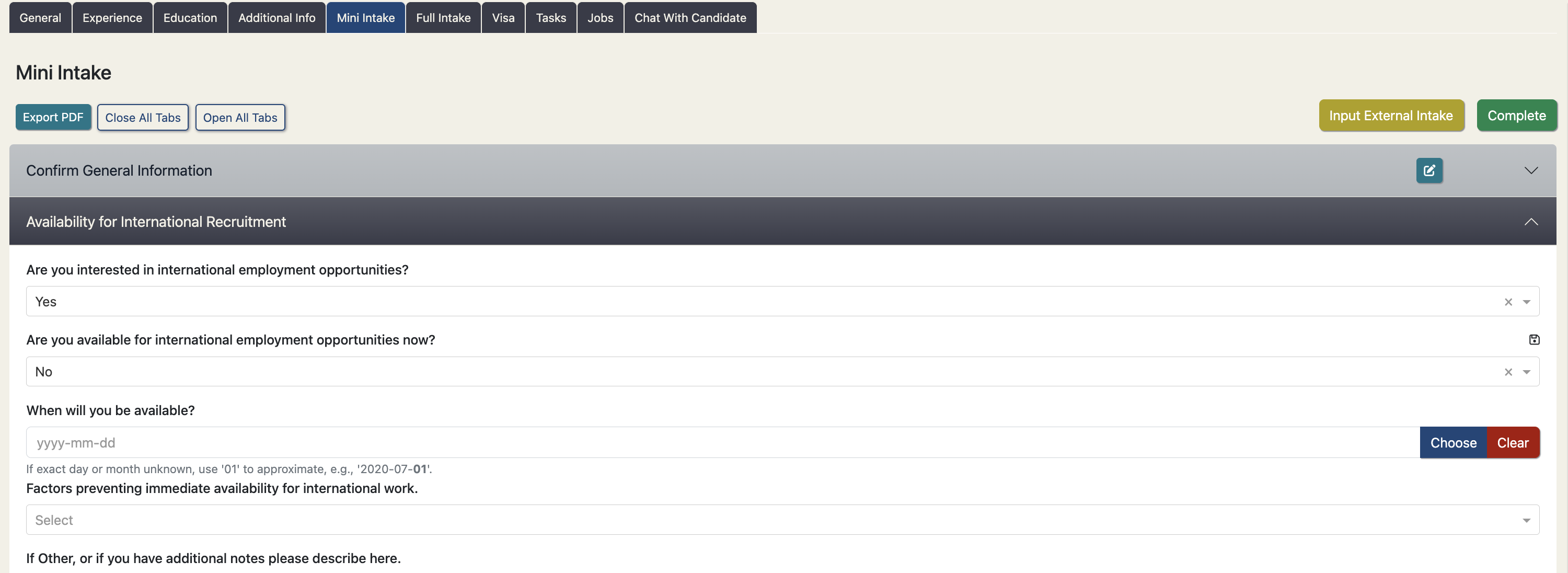 Availability for International Recruitment