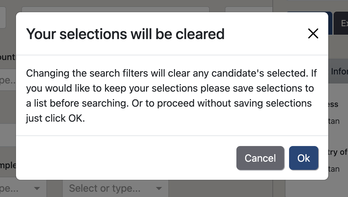 Proceed with Clear Selections Modal