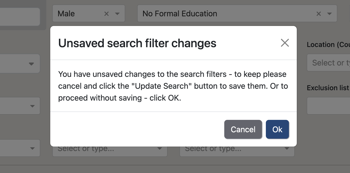 Proceed with Unsaved Filter Changes Modal