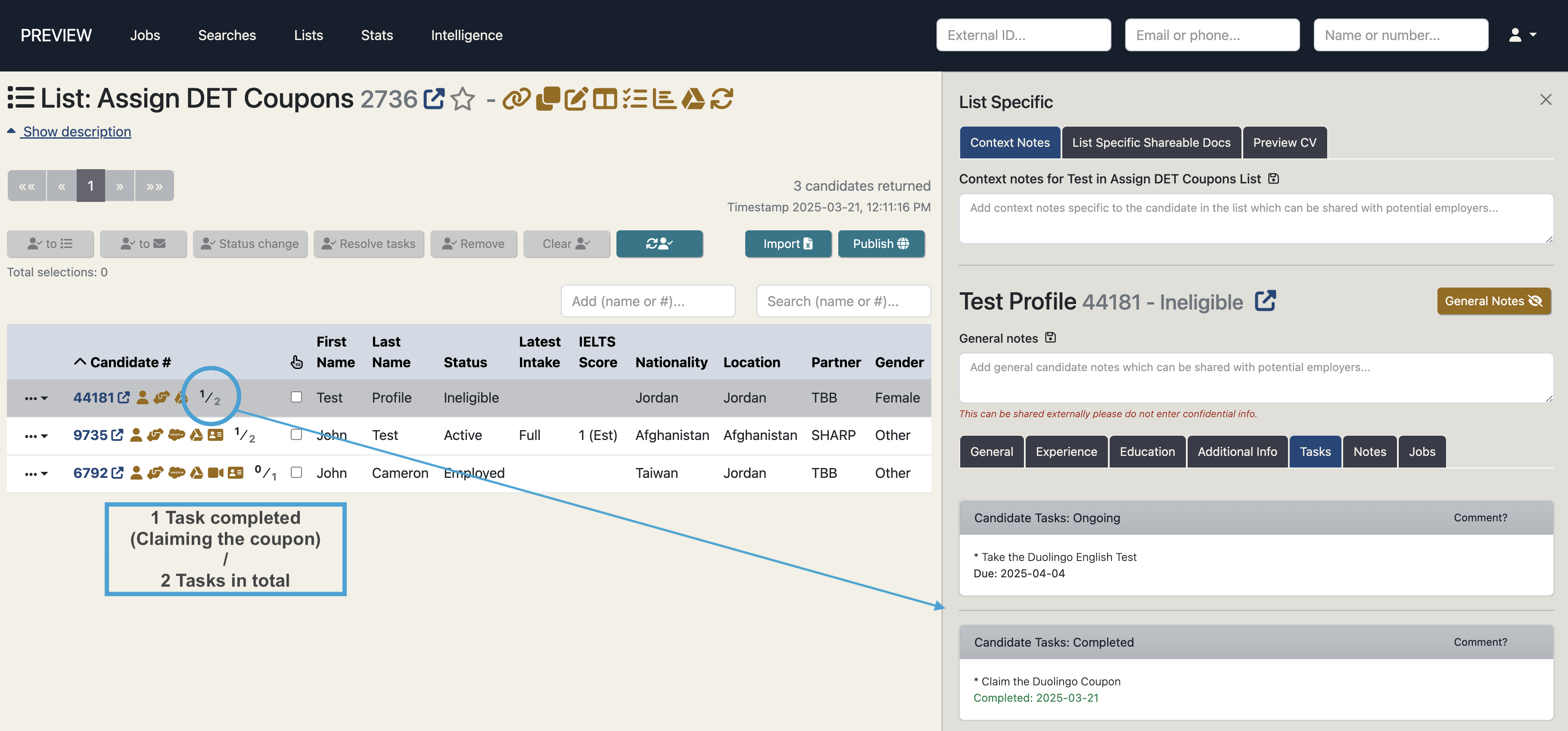 Monitor candidate coupons through tasks