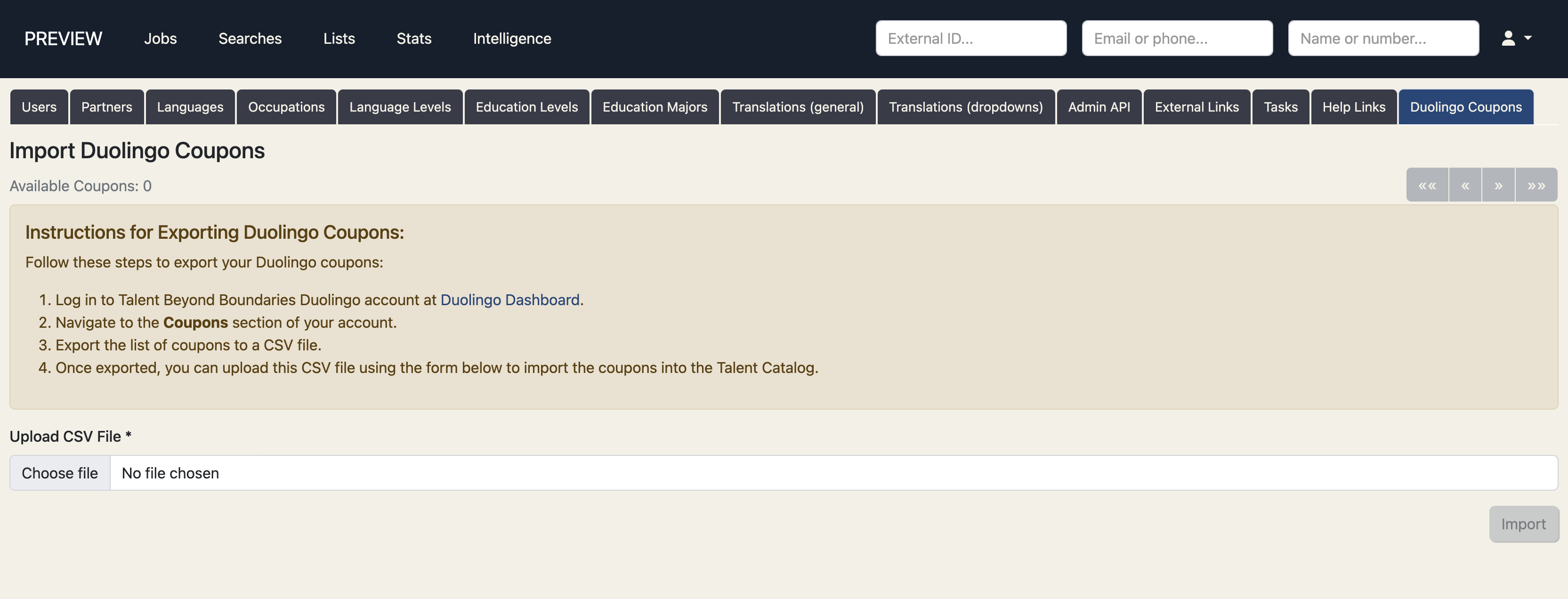 Upload coupons via settings tab on admin portal