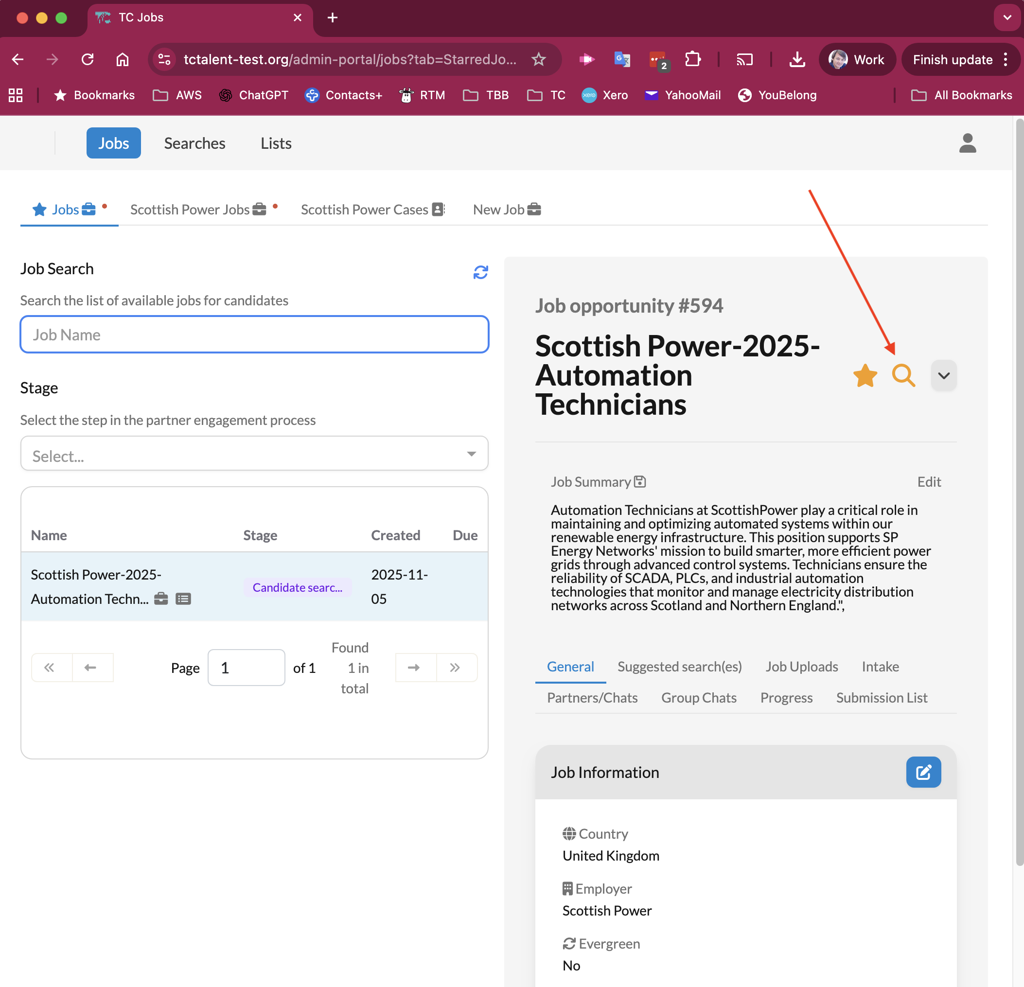 New search icon on a job