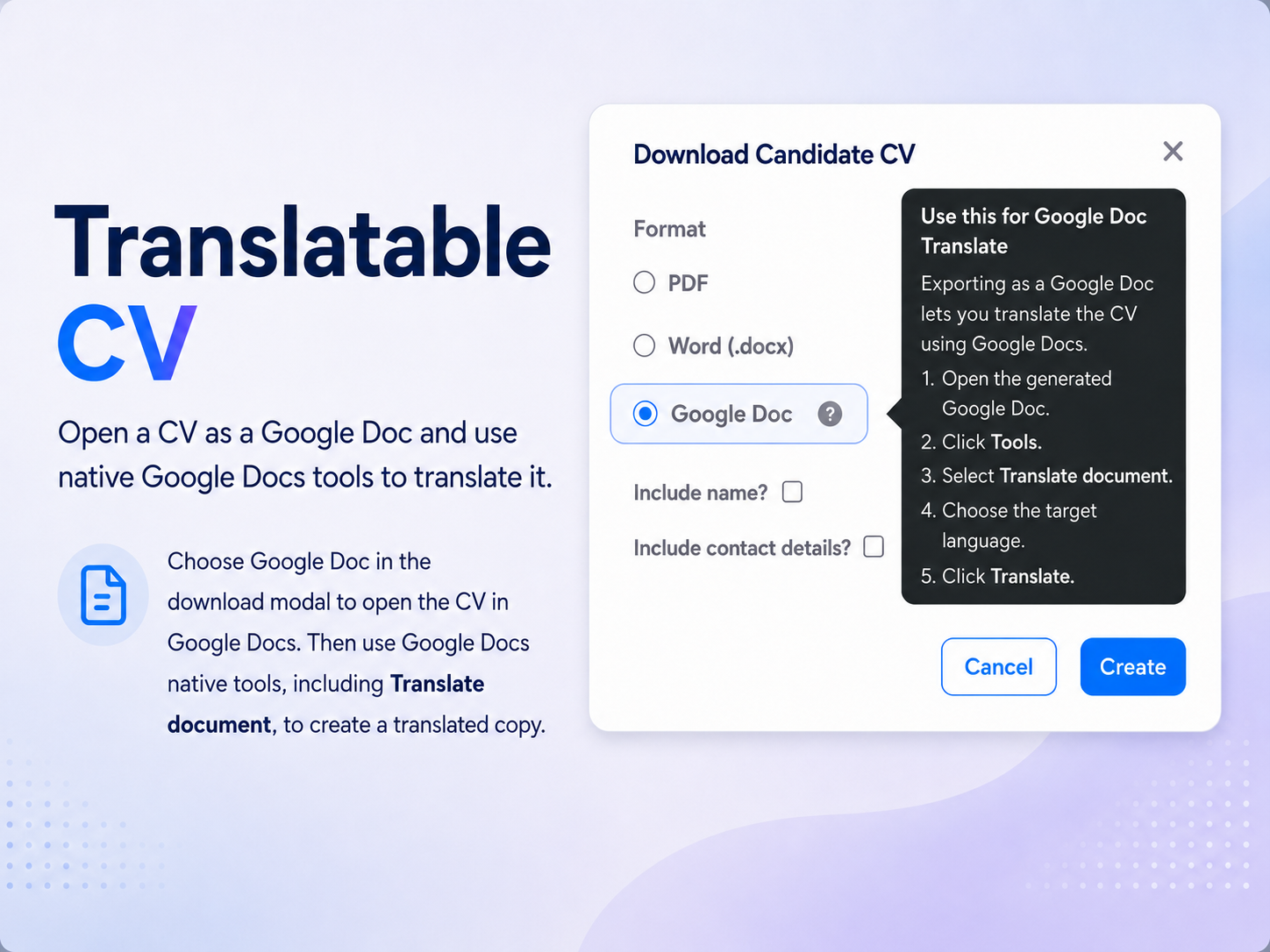 Generated CV export options