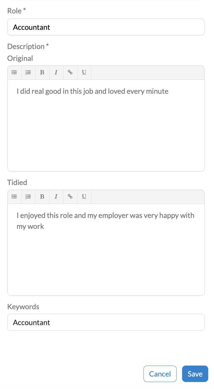 Job Experience Text Preservation