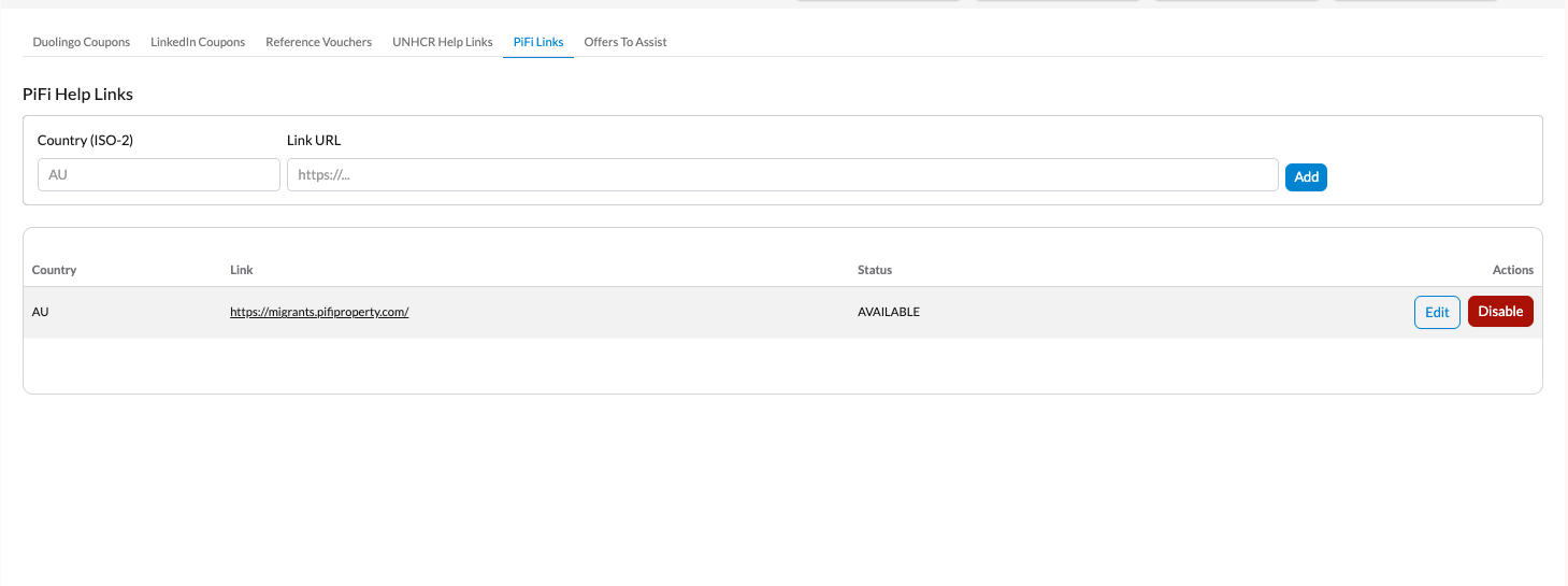 Admin portal screen for managing PiFi country links