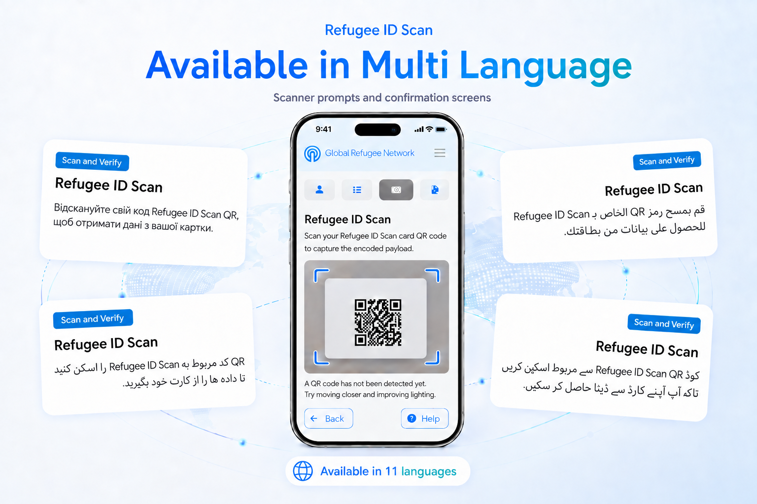 Refugee ID card scan screen shown in multiple languages
