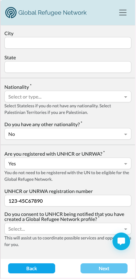 Refugee registration number field pre-filled after a scan