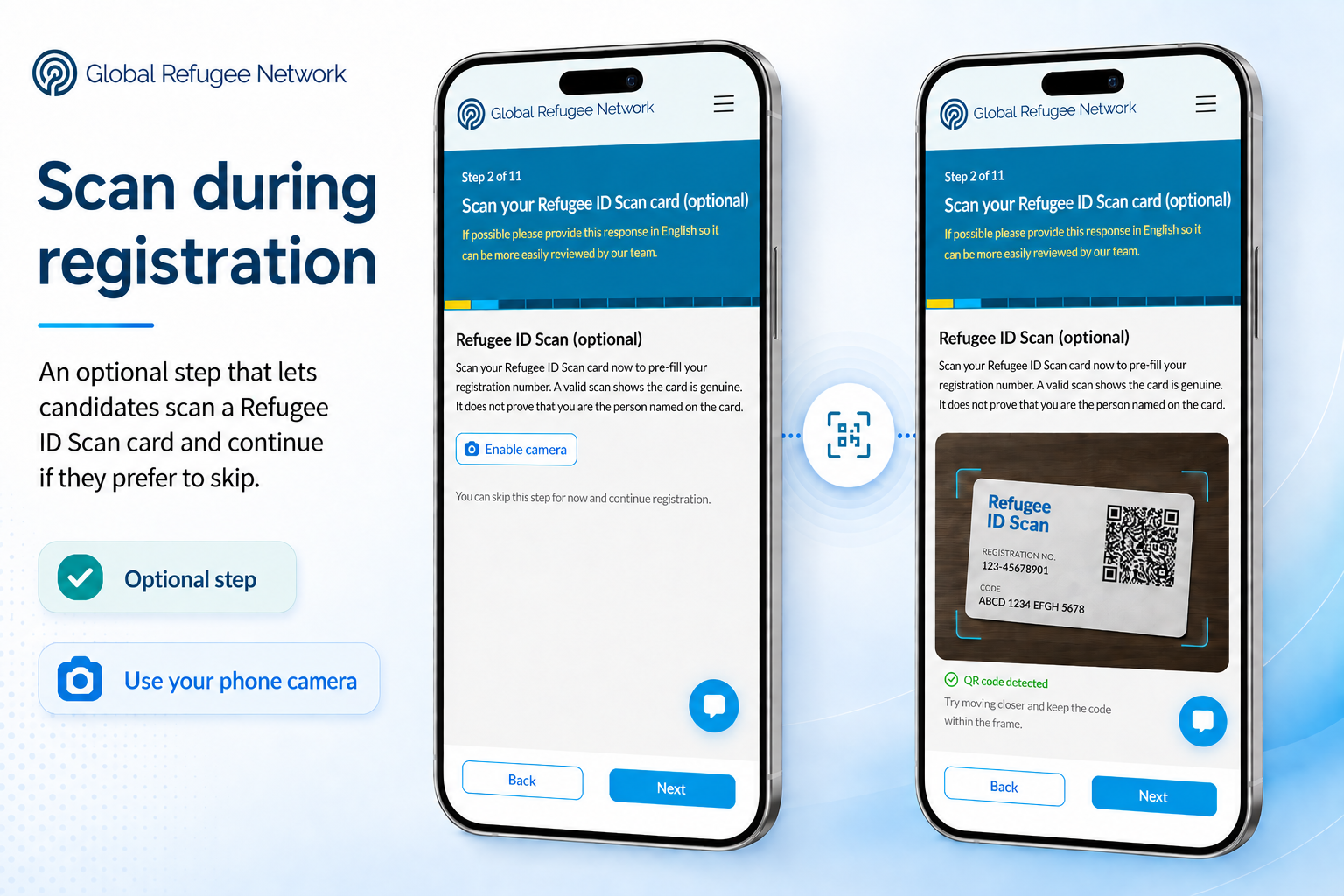 Optional refugee ID card scan step during registration