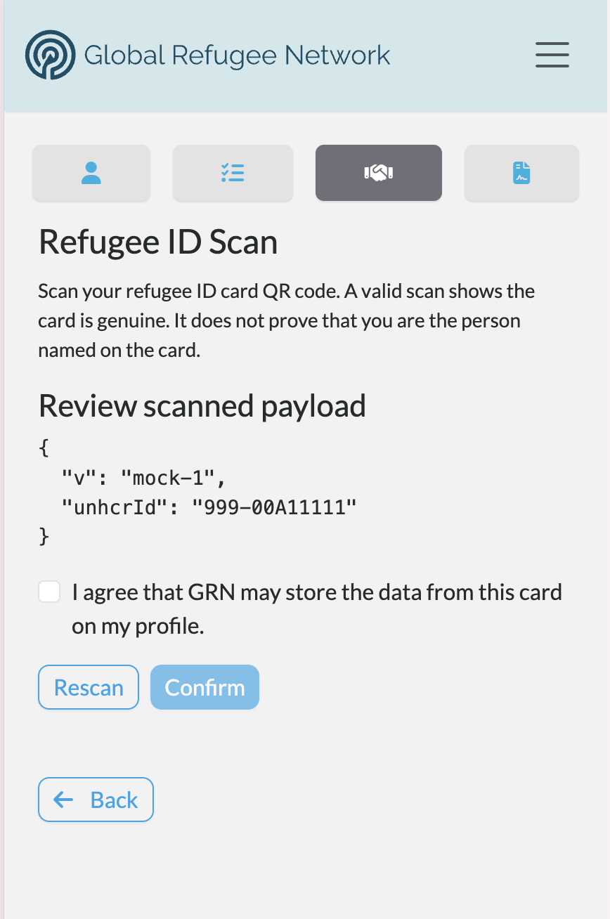 Review scanned payload screen with Rescan and Confirm buttons
